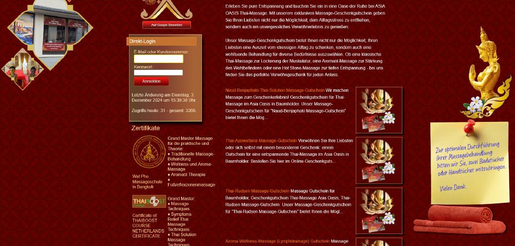 Massage-Webseite mit Gutschein-Onlineshop